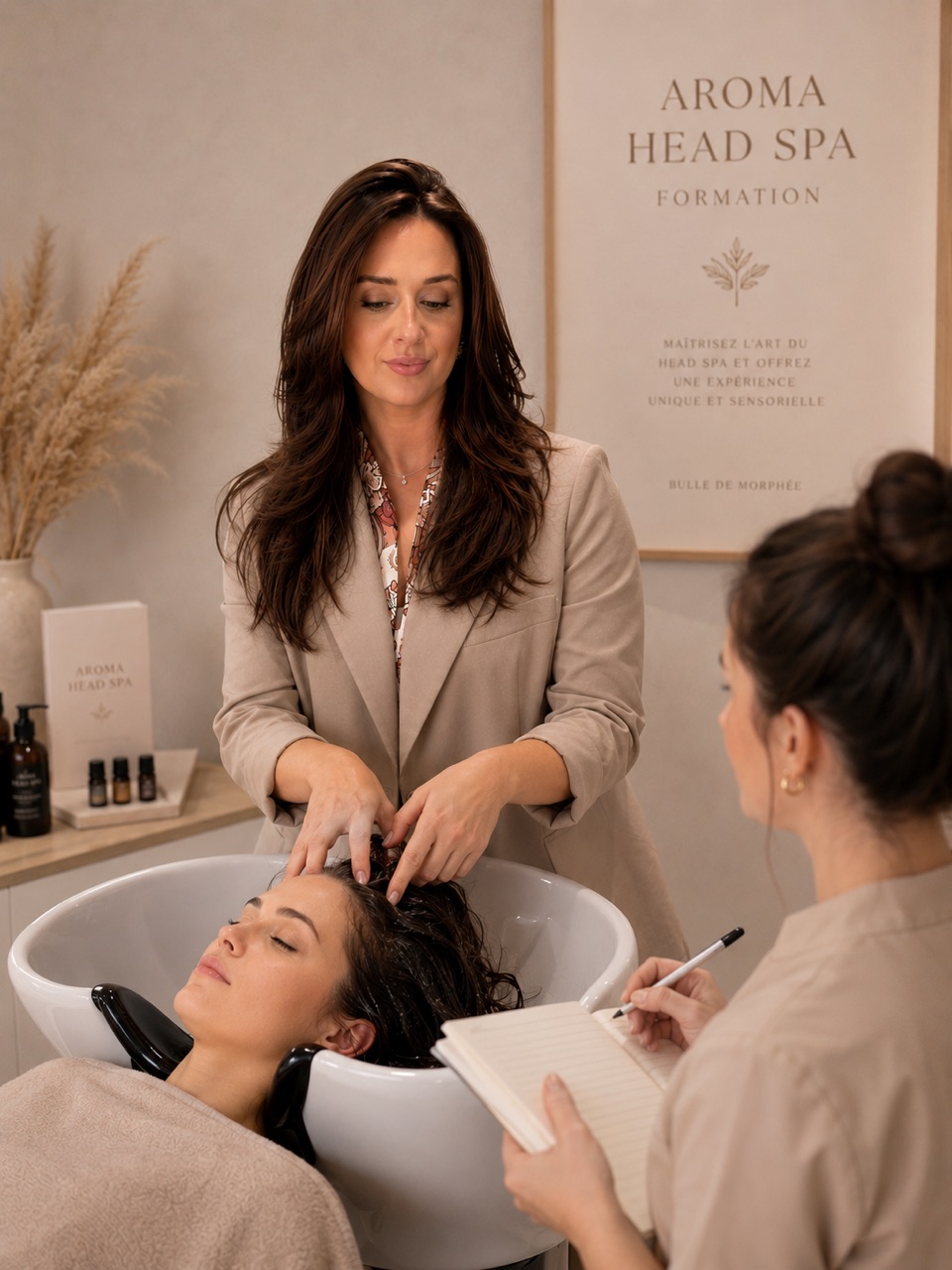 Formation Aroma Head Spa : démonstration d'un soin capillaire par Mathilde Gutierrez et prise de notes par une stagiaire, Bulle de Morphée